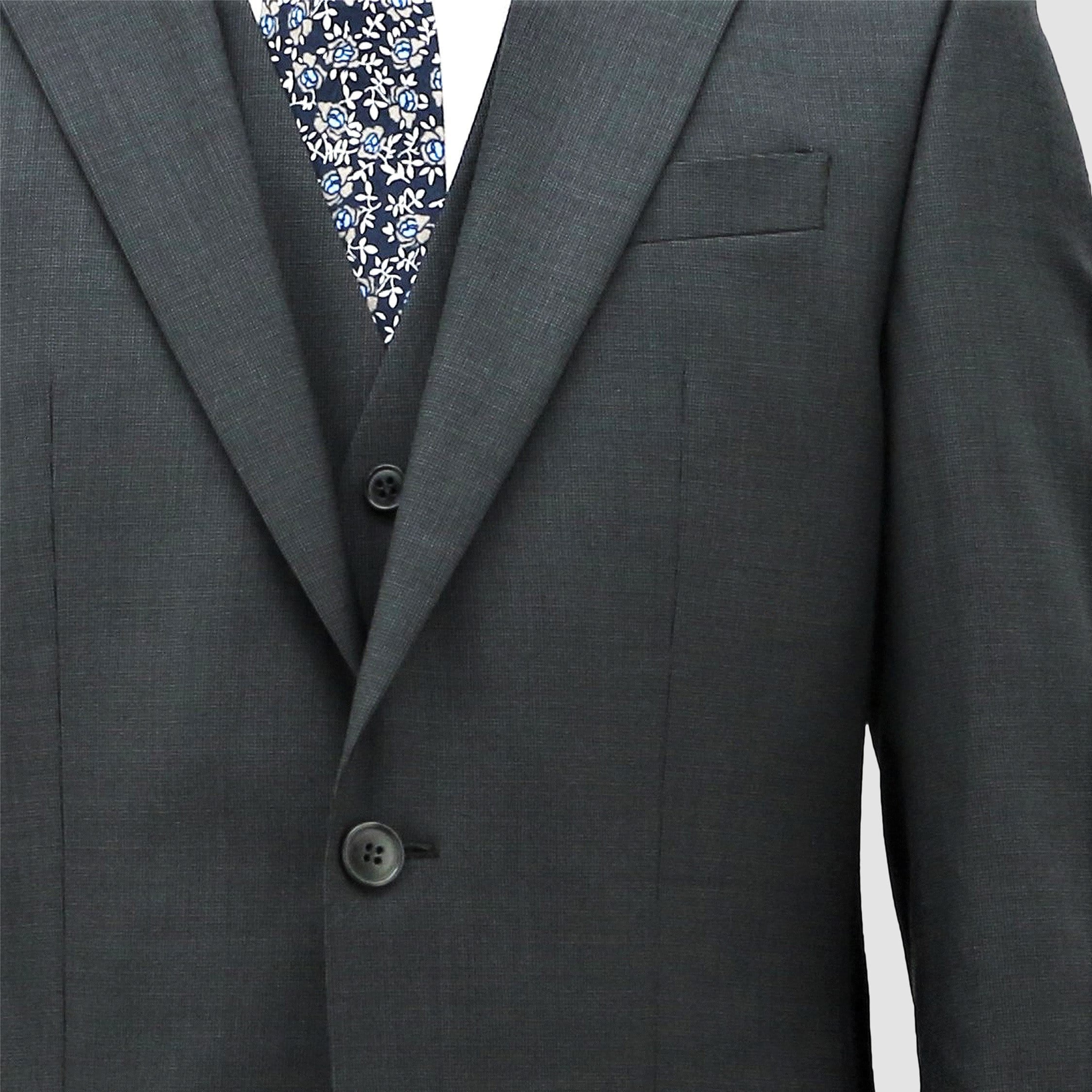 Boston’s Michel charcoal comfort‑fit suit with notch lapel, flap pockets and straight‑leg trousers.