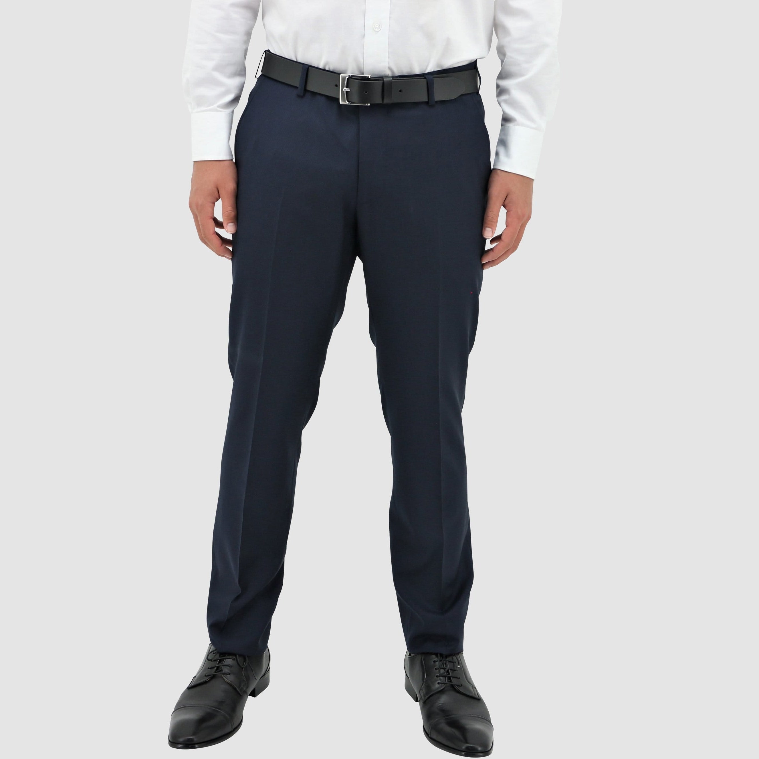 Boston’s Edward navy slim‑fit trousers feature textured merino wool and a polished finish.