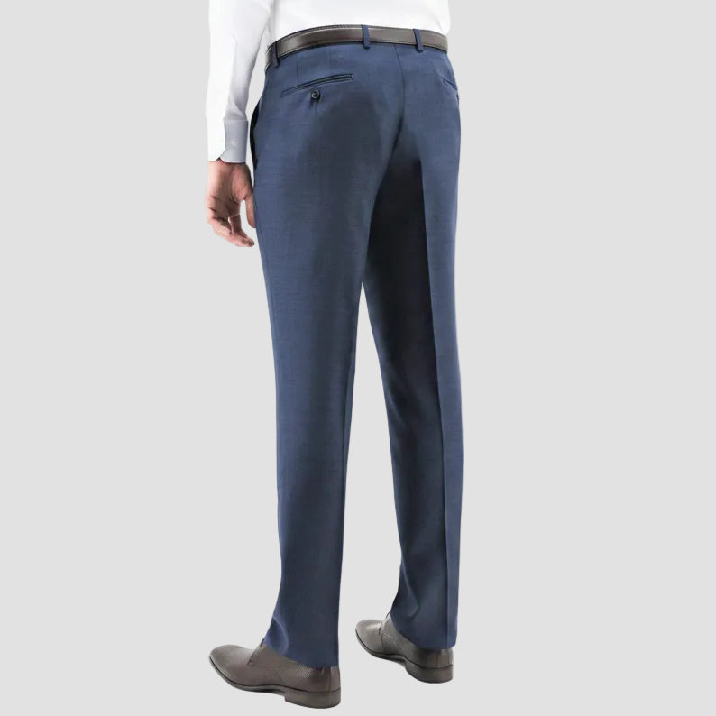 Boston’s Edward navy trousers in a slim fit with merino wool breathability and clean tailoring.