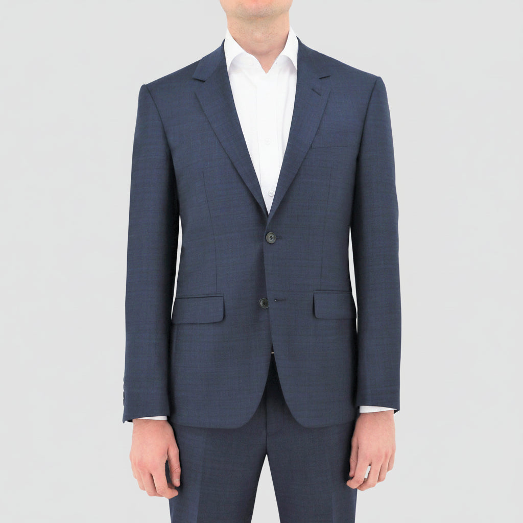 A refined Boston Shape navy slim‑fit suit crafted from breathable merino wool with clean, modern tailoring and Edward trousers.