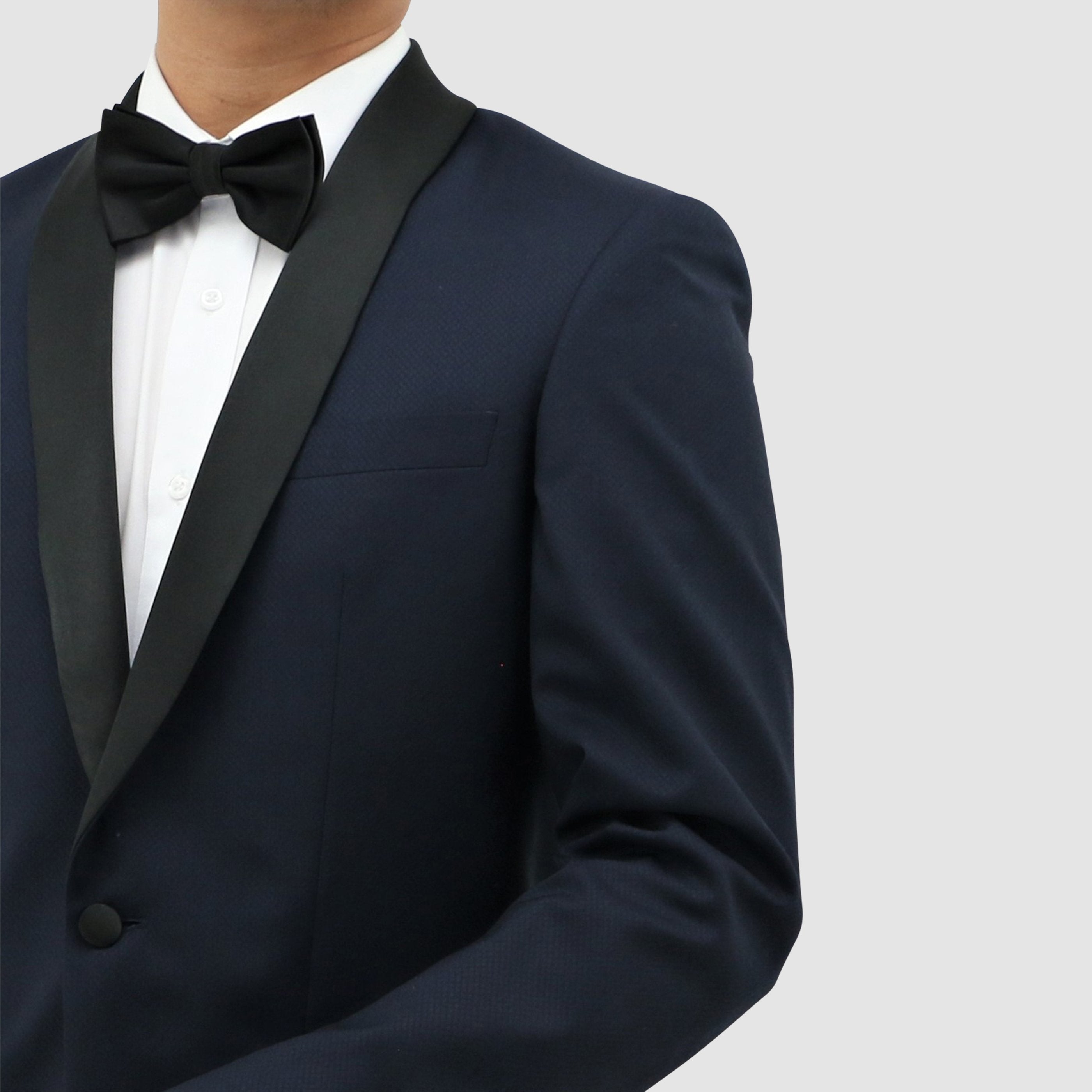 Men’s navy shawl‑lapel tuxedo by Boston.