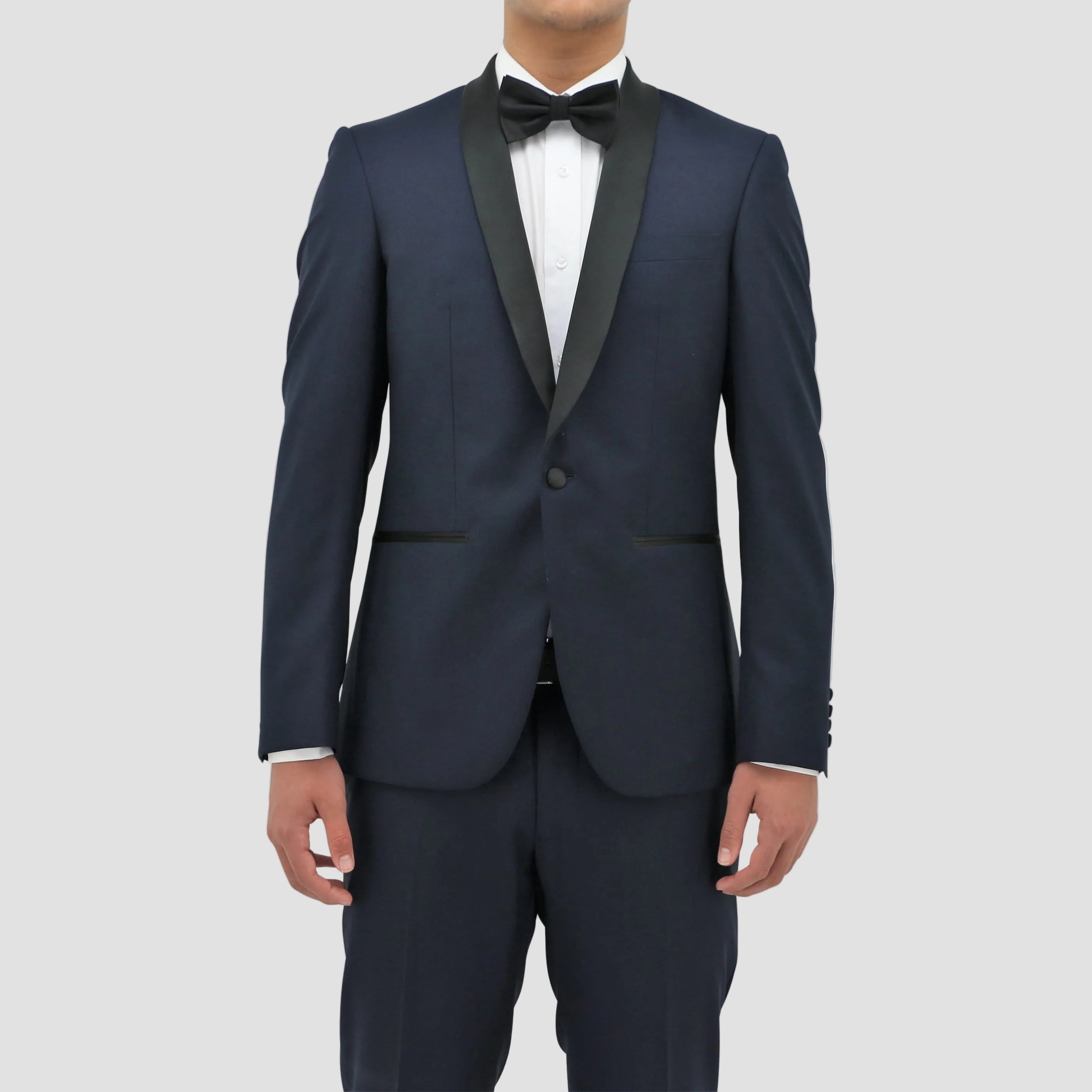 Men’s navy shawl‑lapel tuxedo by Boston.