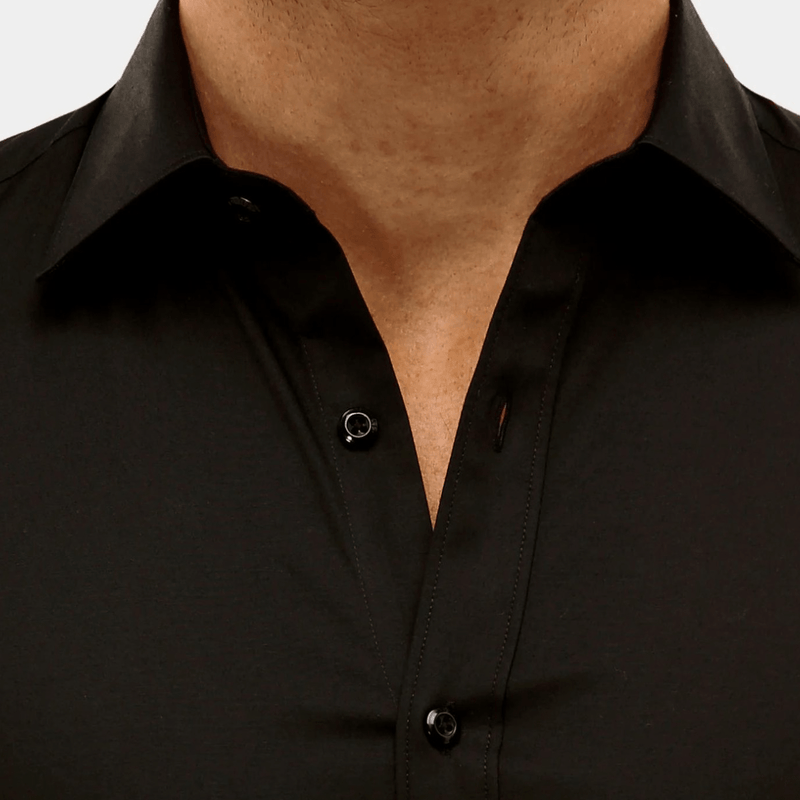 close up of the buttons on the brooksfield performance shirt in black