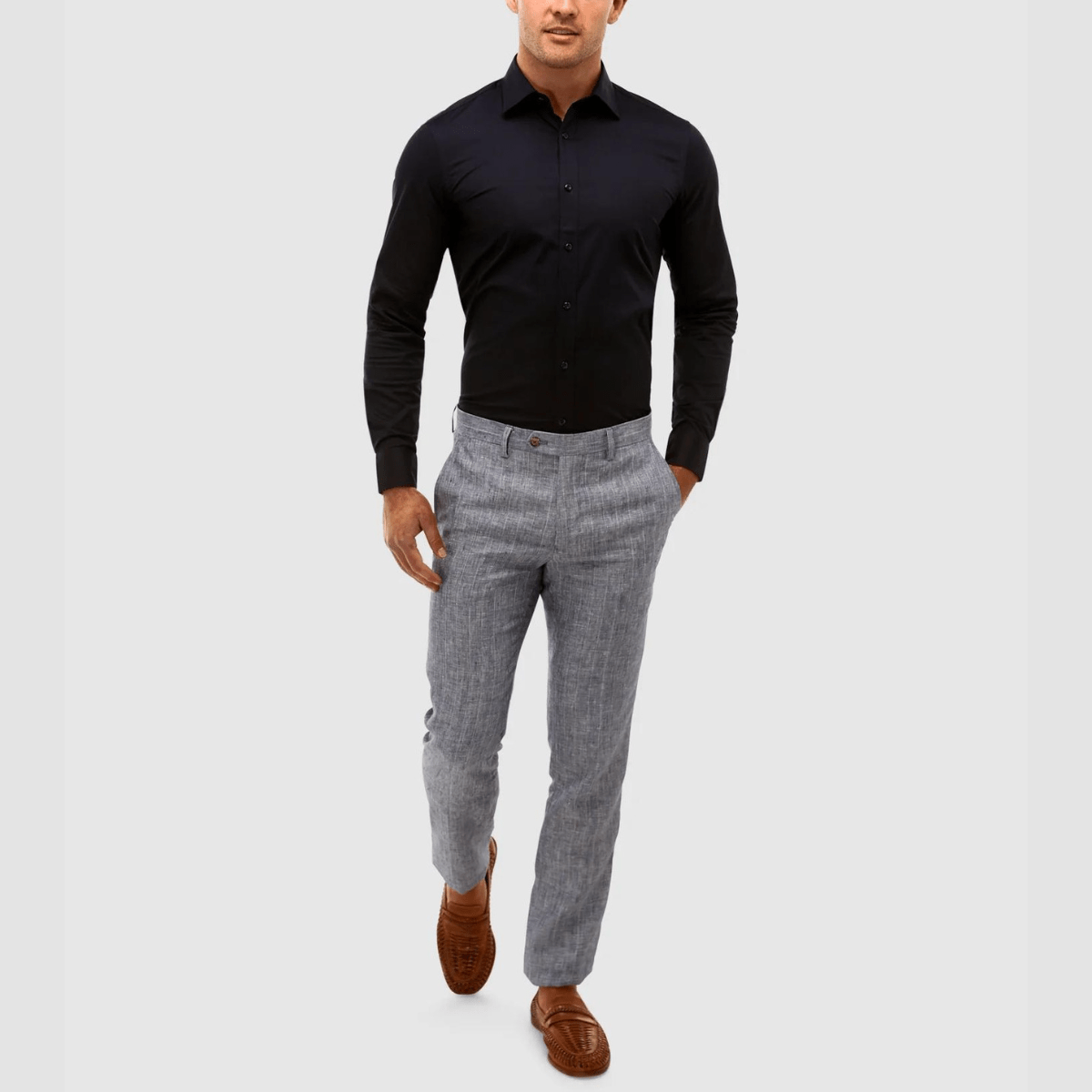 the Brooksfield Tailored Fit Performance Business Shirt in Navy paired with gray pants