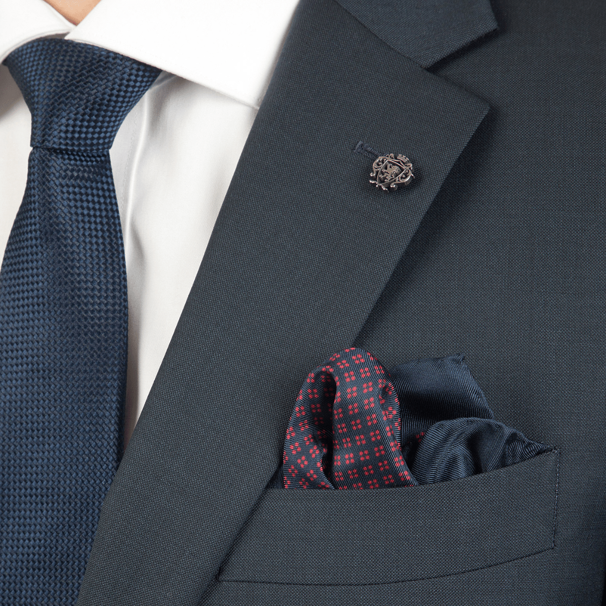 classic fit mens navy sports coat with notch lapel and pin