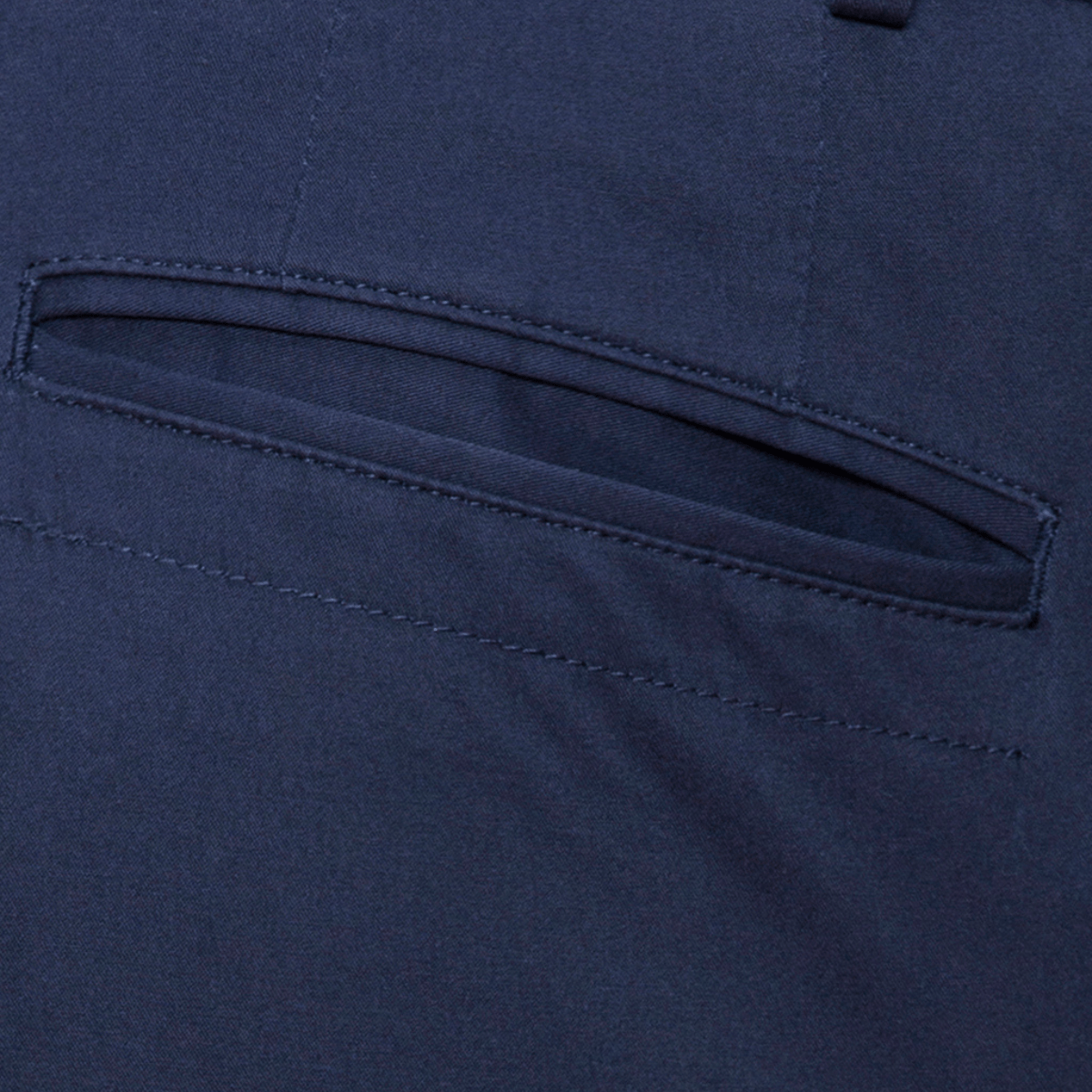 close up of the pocket on the mens navy chino pant by cambridge