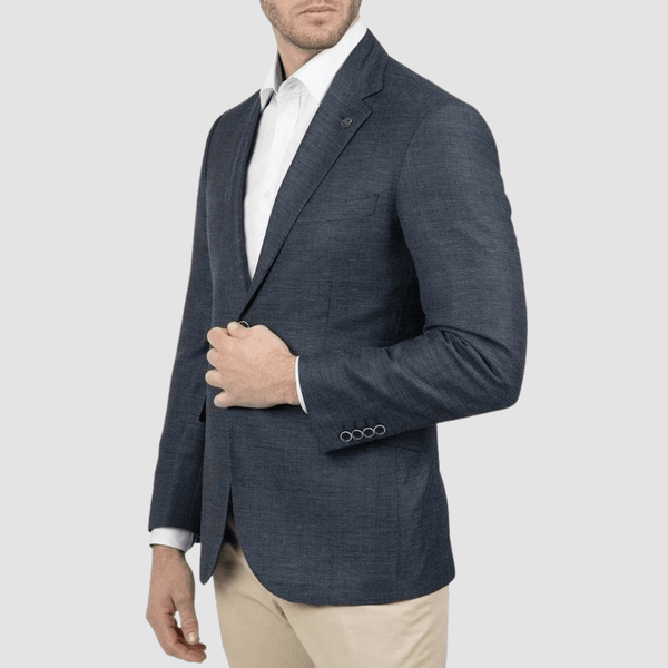 a side view of the mens denim blue sports jacket by cambridge