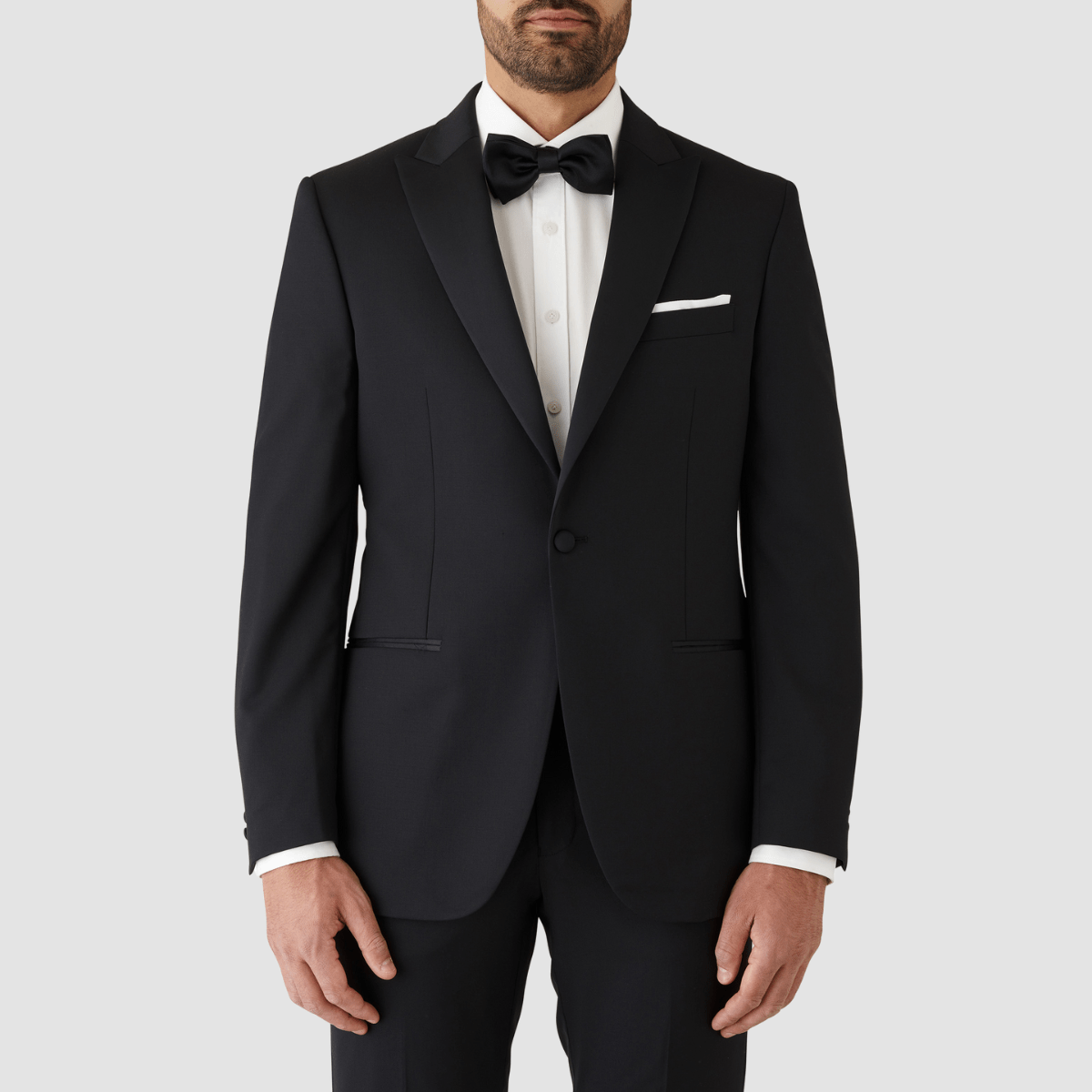 the peak satin lapel detail on the pickford mens tuxedo