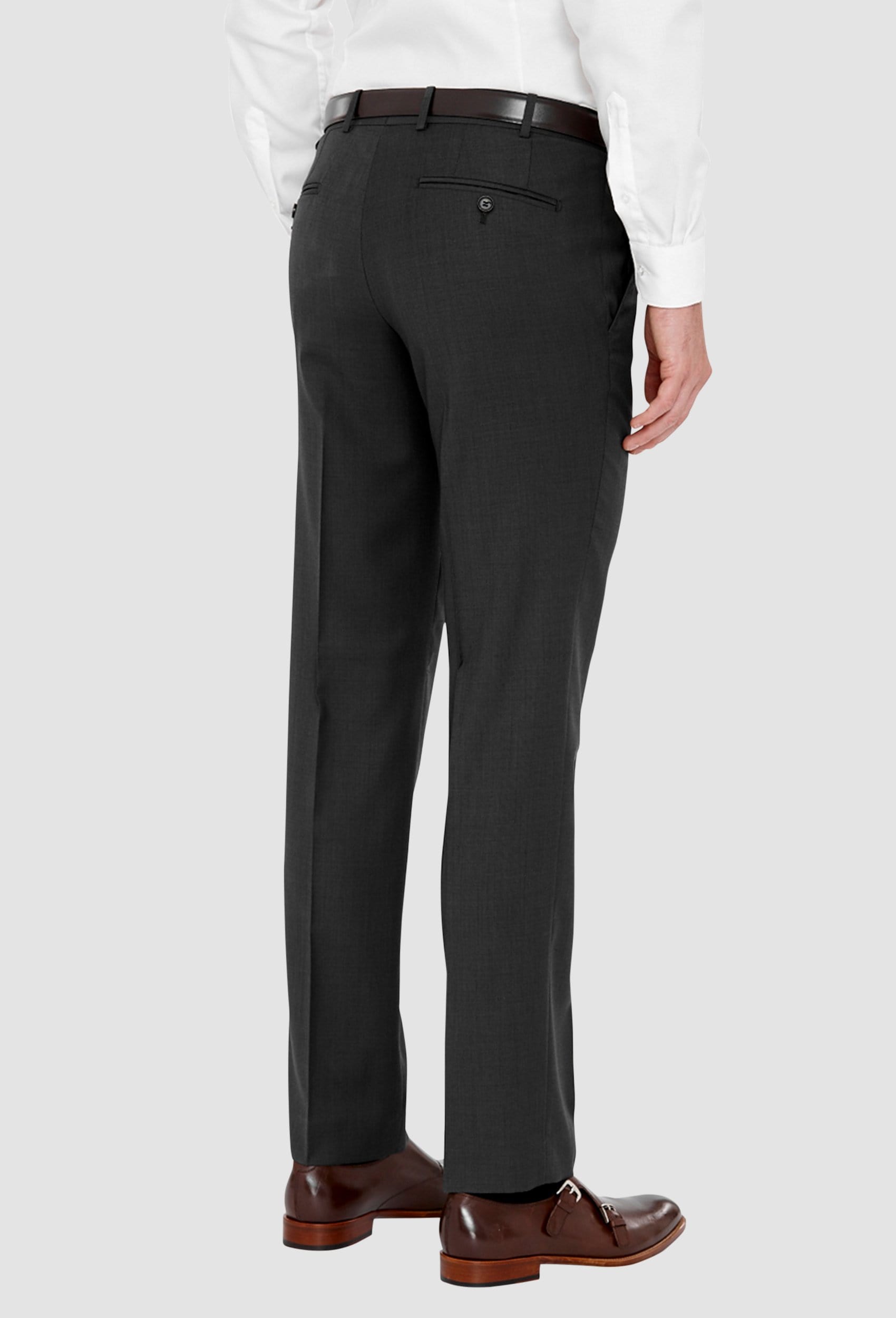 a reverse view of the cambridge mens jett suit trouser in charcoal F2042 including the side and rear pocket detail