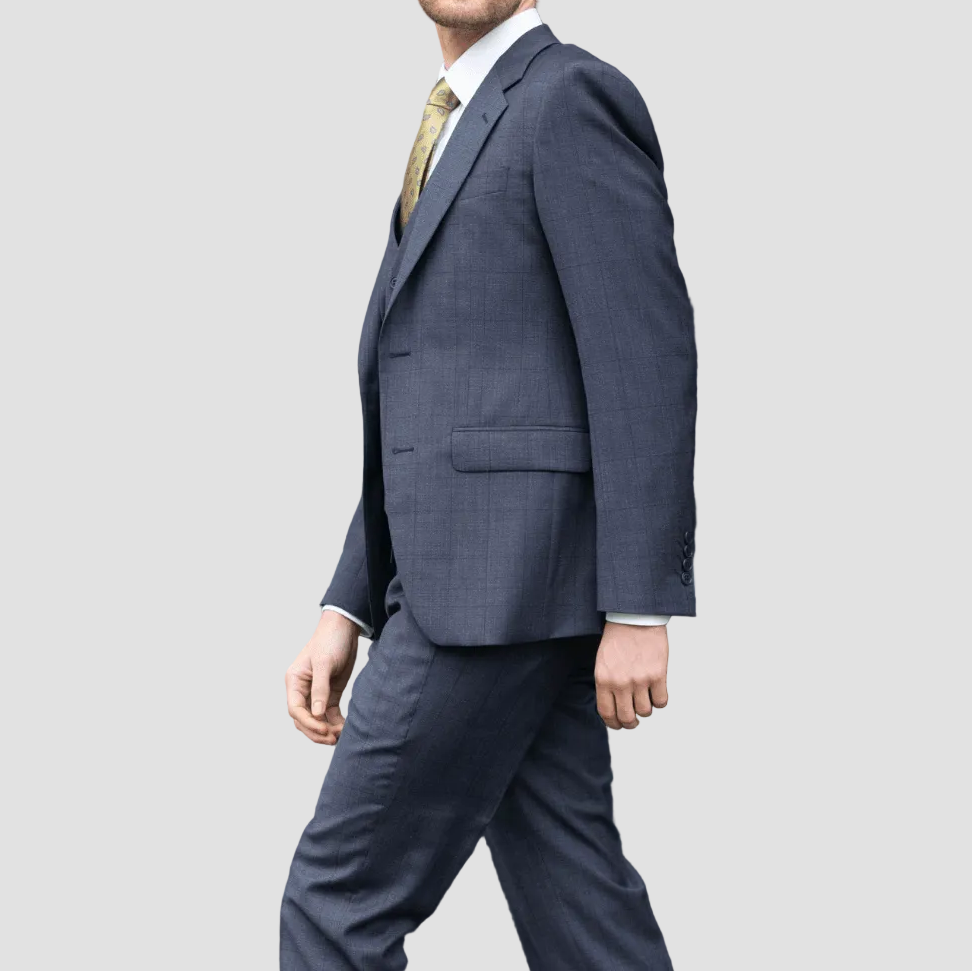 Daniel Hechter’s navy Ritchie slim fit suit in Australian Merino wool with stretch and a subtle check.