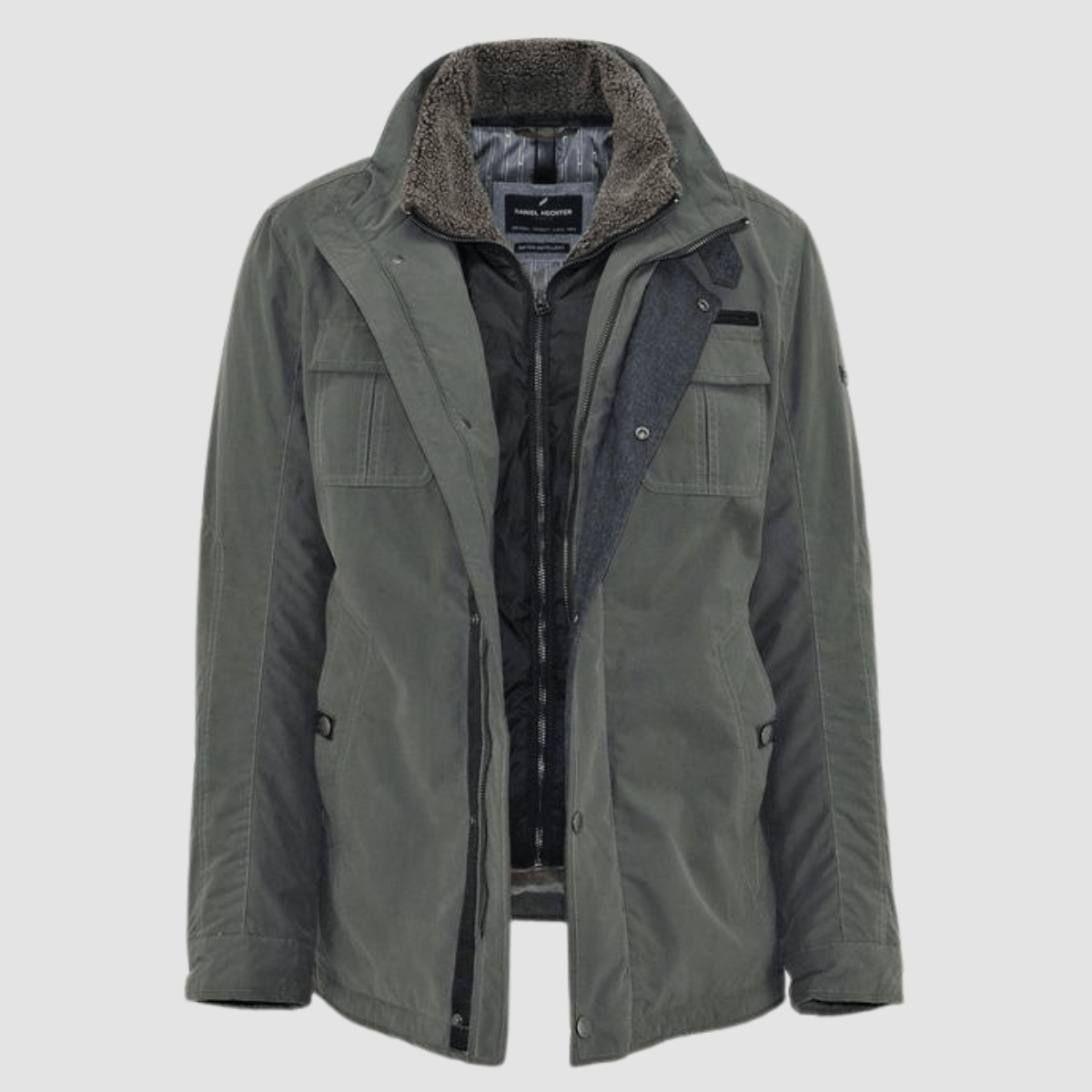 daniel hechter winter parka in khaki showing the built in vest underneath and the sherpa lined collar