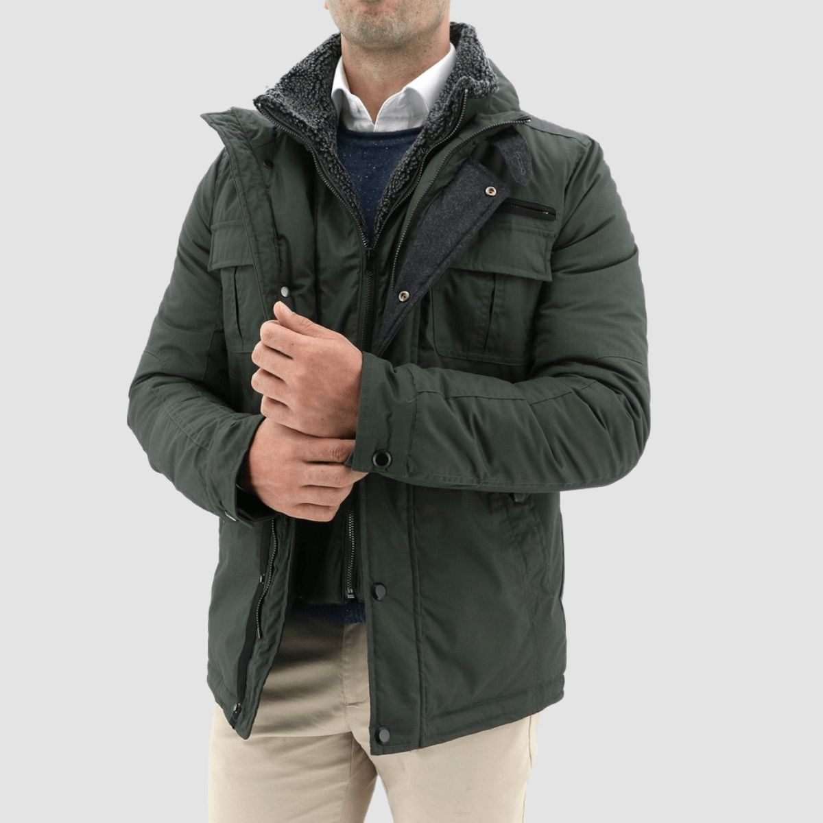daniel hechter everest parka in a khaki colour with additional inner vest zip up and sherpa lining