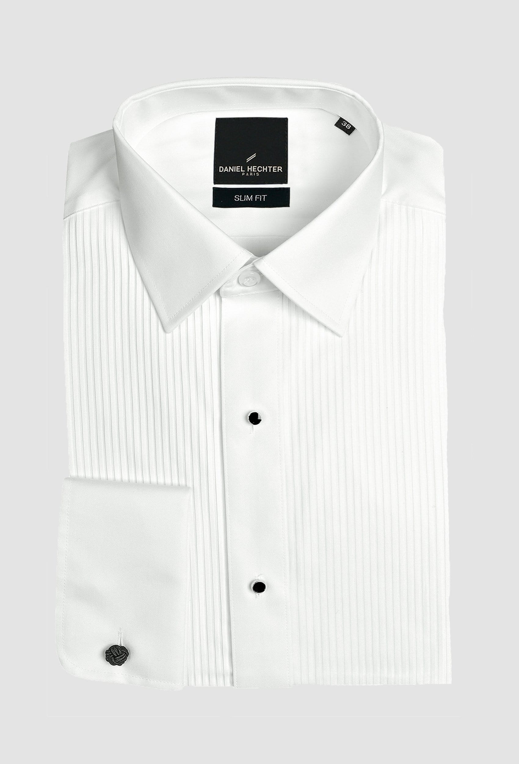 the Daniel Hechter slim fit ds frill mens dinner shirt in white cotton blend folded on a grey background