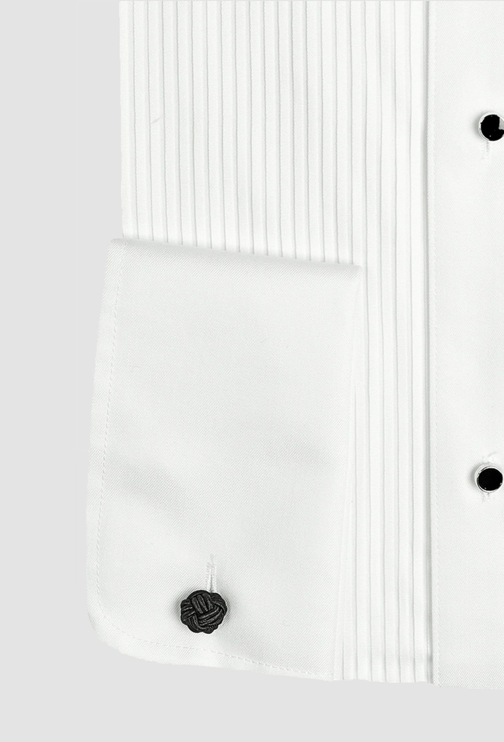 a close up view of the french cuff and pleated frill front detail on the Daniel Hechter slim fit ds frill shirt in white cotton