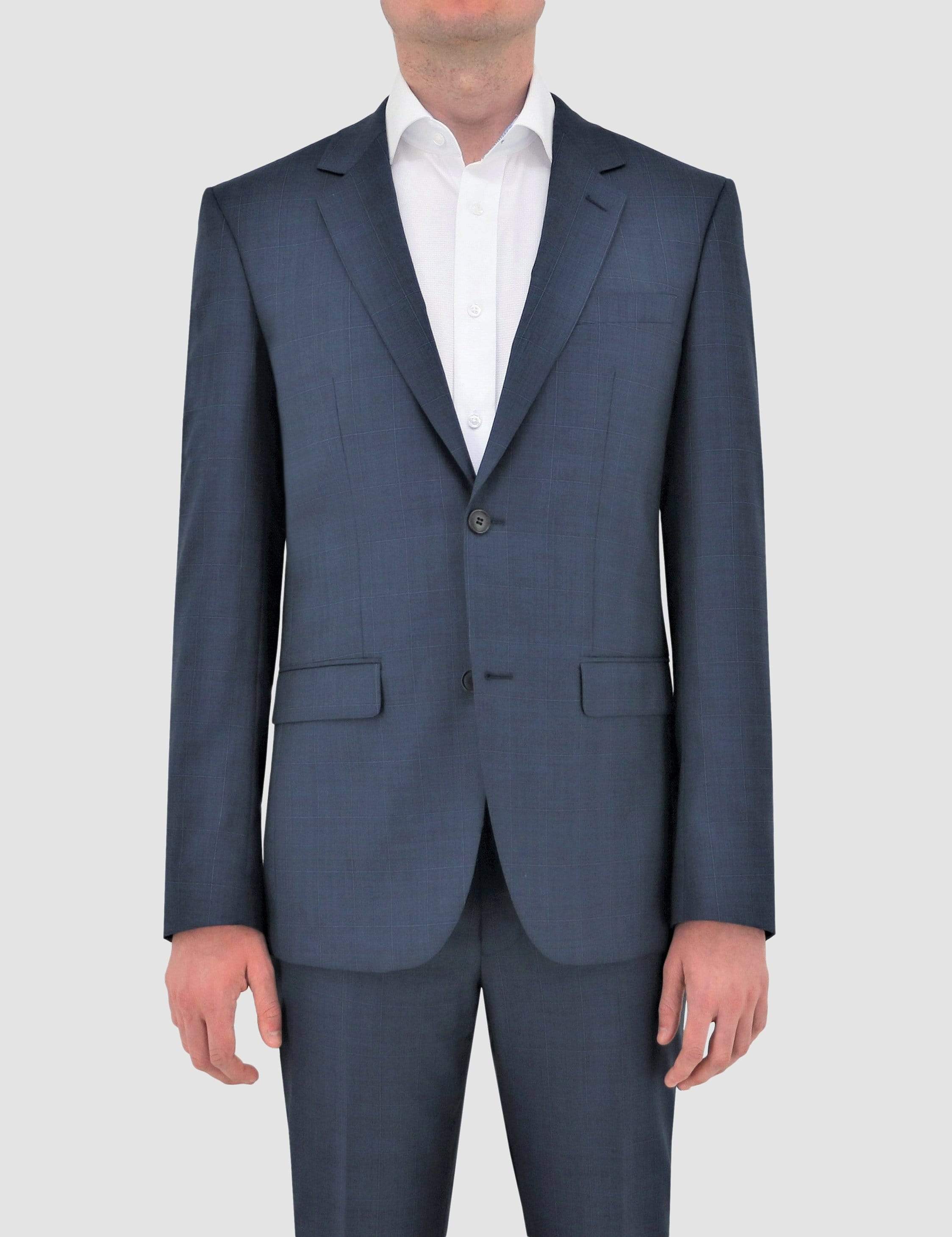 a close up of a model wearing the pure wool blue suit by Daniel Hechter with a crisp white shirt underneath. the product code is DH210