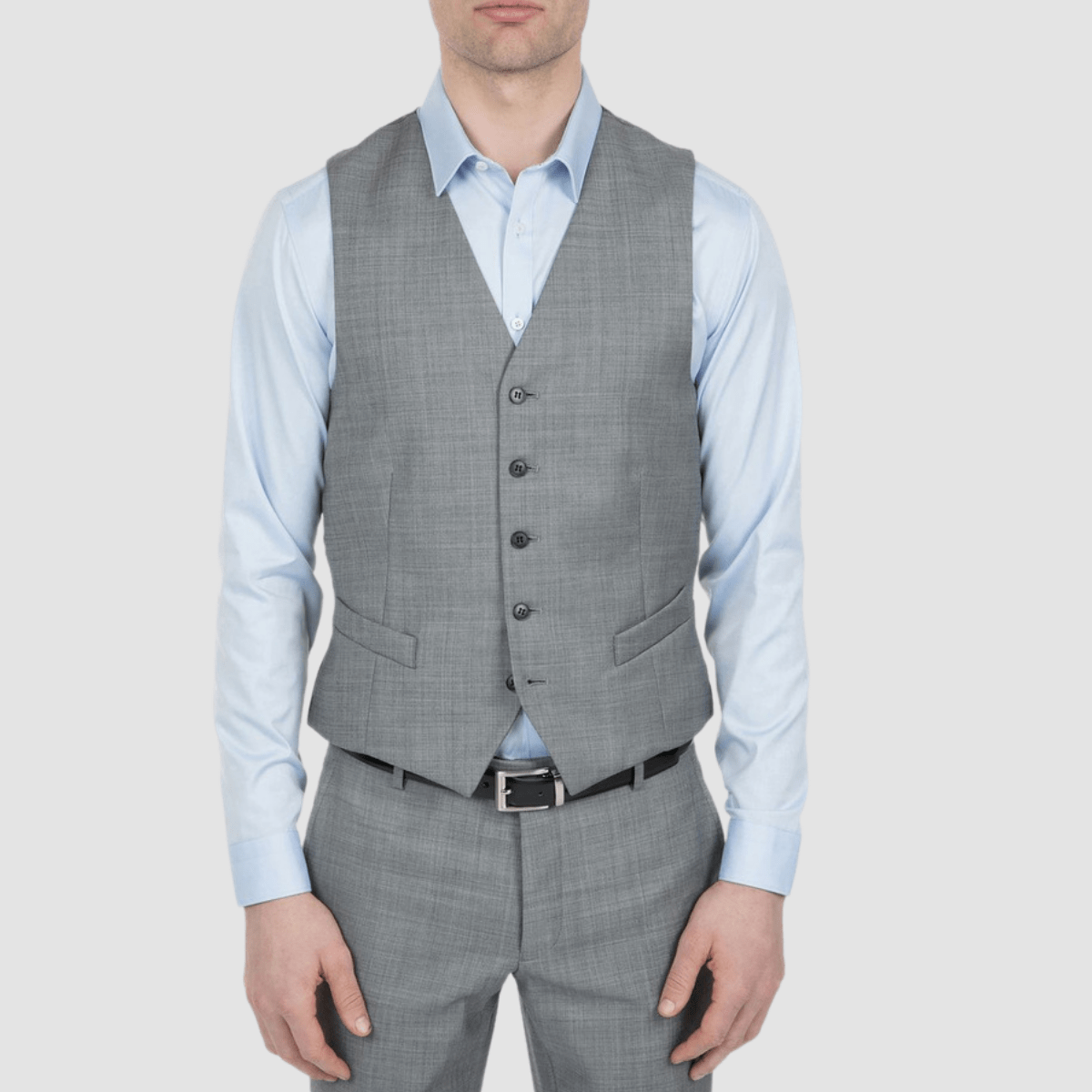 mens gibson mighty waistcoat in grey over a blue shirt