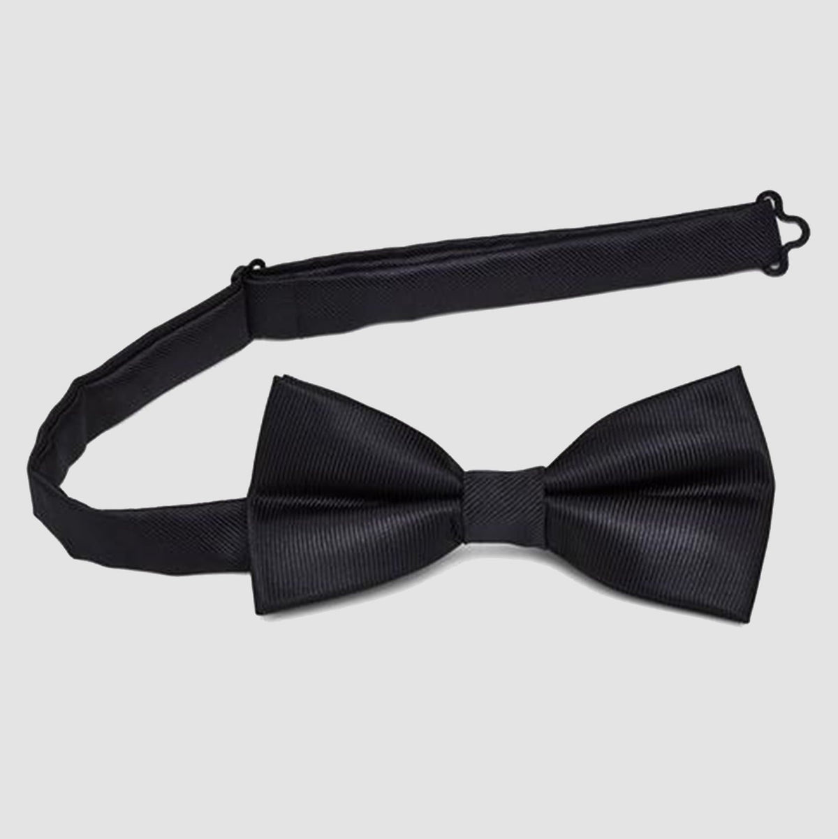 the matching black satin necktie is shown