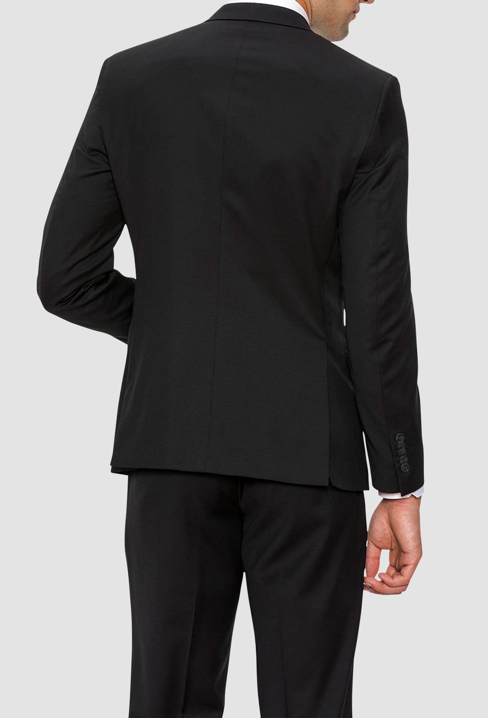 A close up view of the back of the A full front view of the Gibson slim fit lithium suit jacket in black pure wool F34087