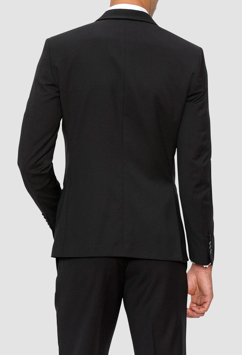 A reverse view of the Gibson slim fit spectre evening suit in black pure wool F34087