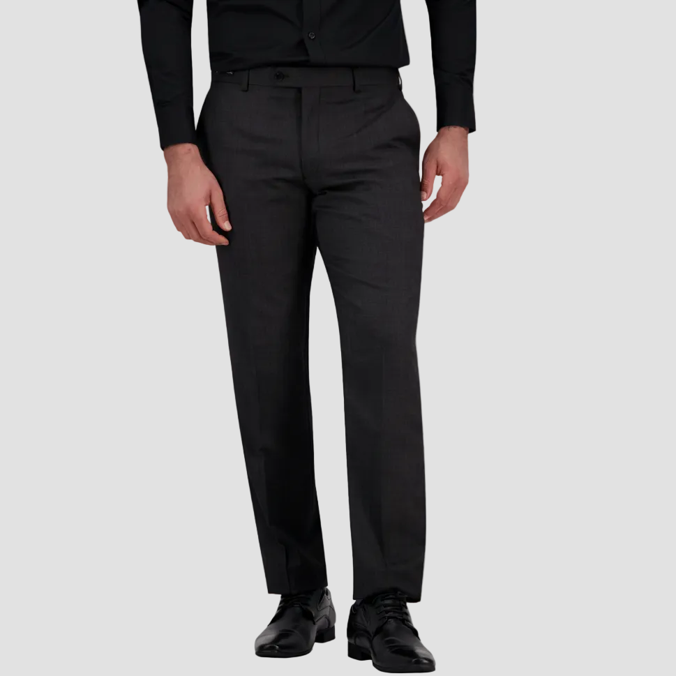 Classic fit charcoal textured wool trouser by Savile Row with black leather shoes.