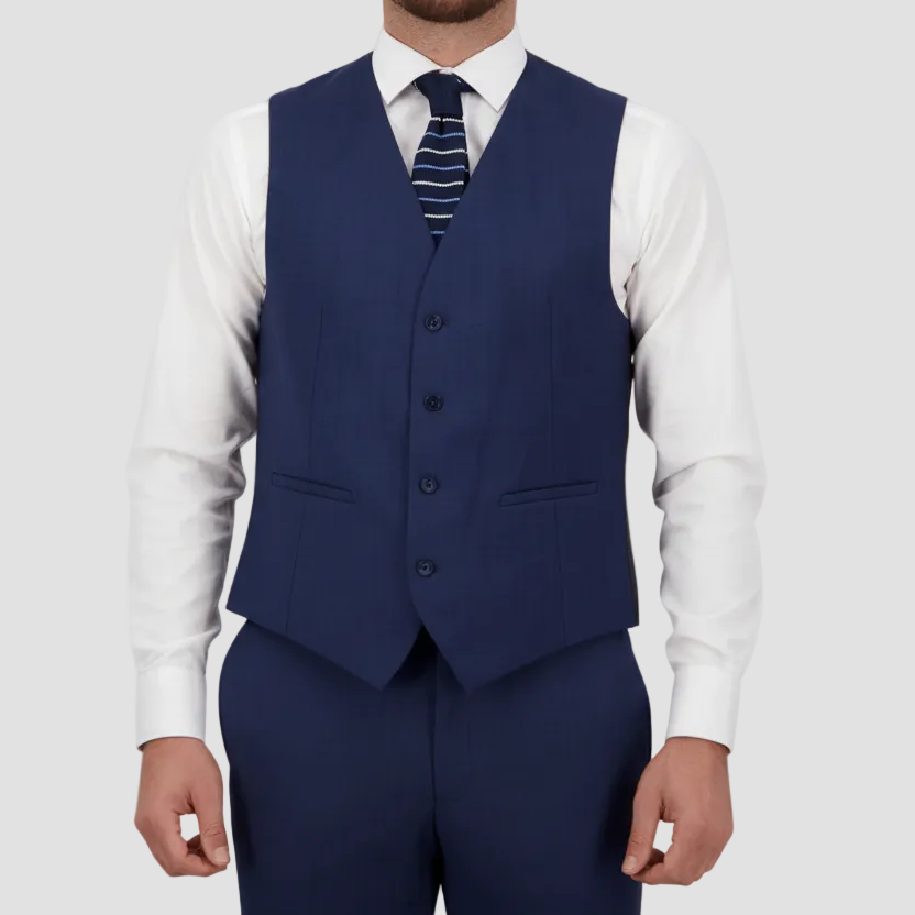A classic fit blue Merino vest by Savile Row, finished with a satin back and clean four‑button front.