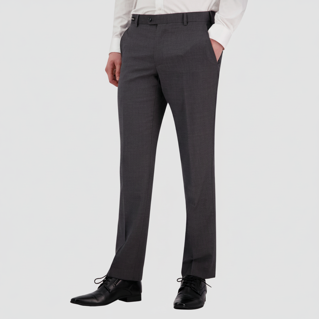 Mens classic fit suit trouser by Savile Row in a medium grey shade with a white shirt and black leather dress shoes.
