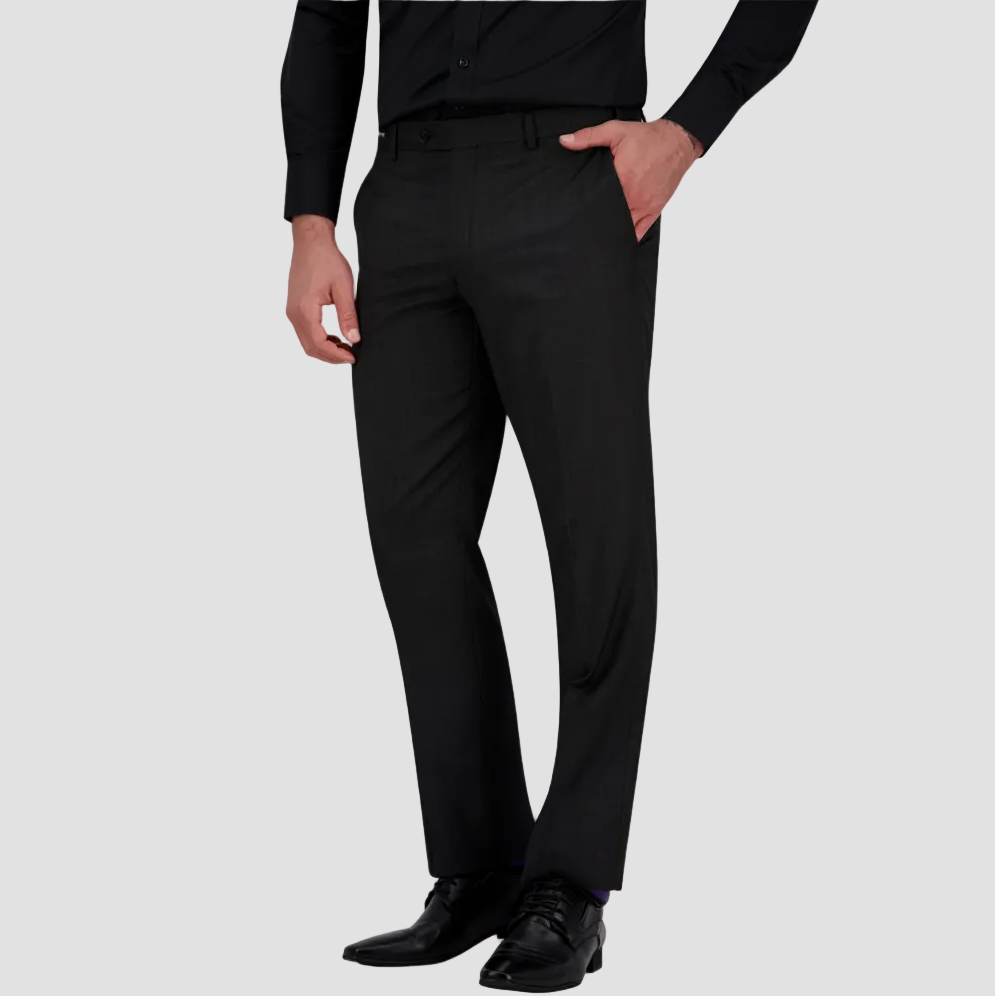 Classic fit charcoal textured wool trouser by Savile Row with black leather shoes.