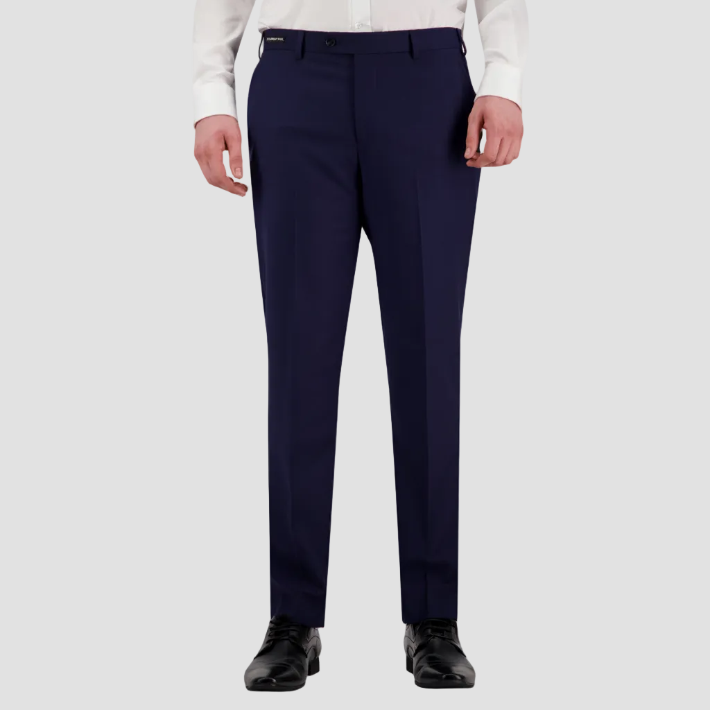 Marine blue dress pants by Savile Row with a white shirt and black leather shoes.