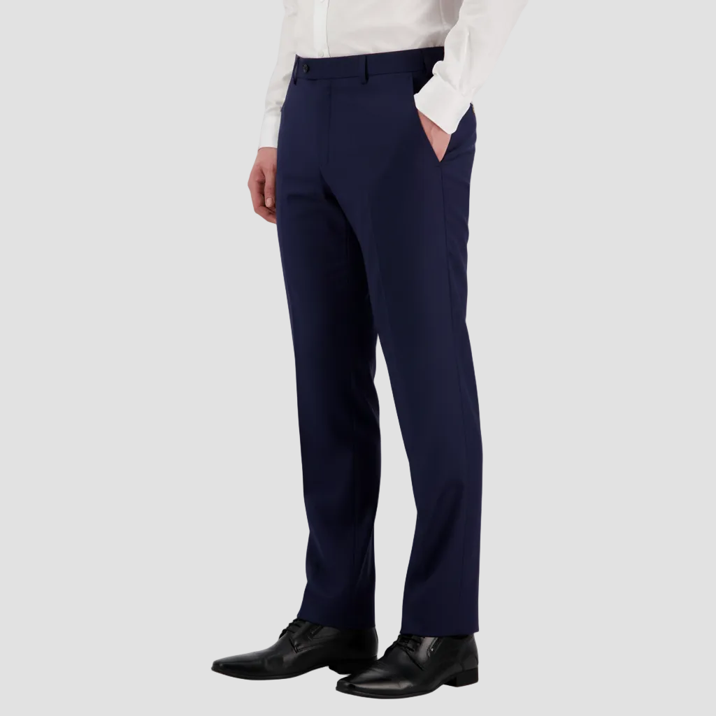 Marine blue dress pants by Savile Row with a white shirt and black leather shoes.