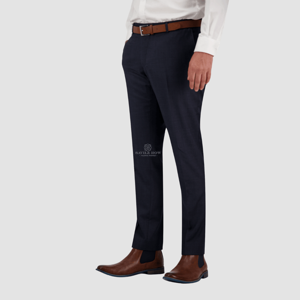 the side view of the mens tailored fit navy trouser the savile row