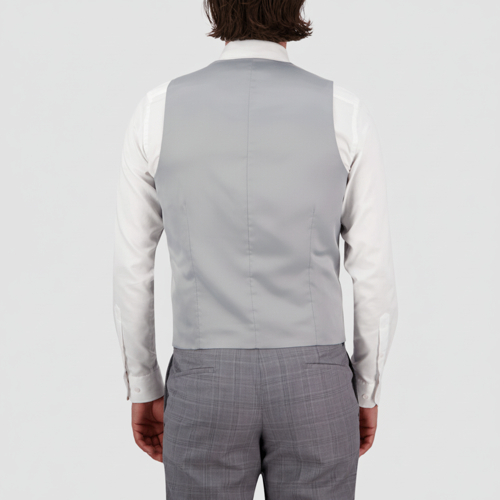 the back of the silver grey mens vest with a satin back and tab adjusters