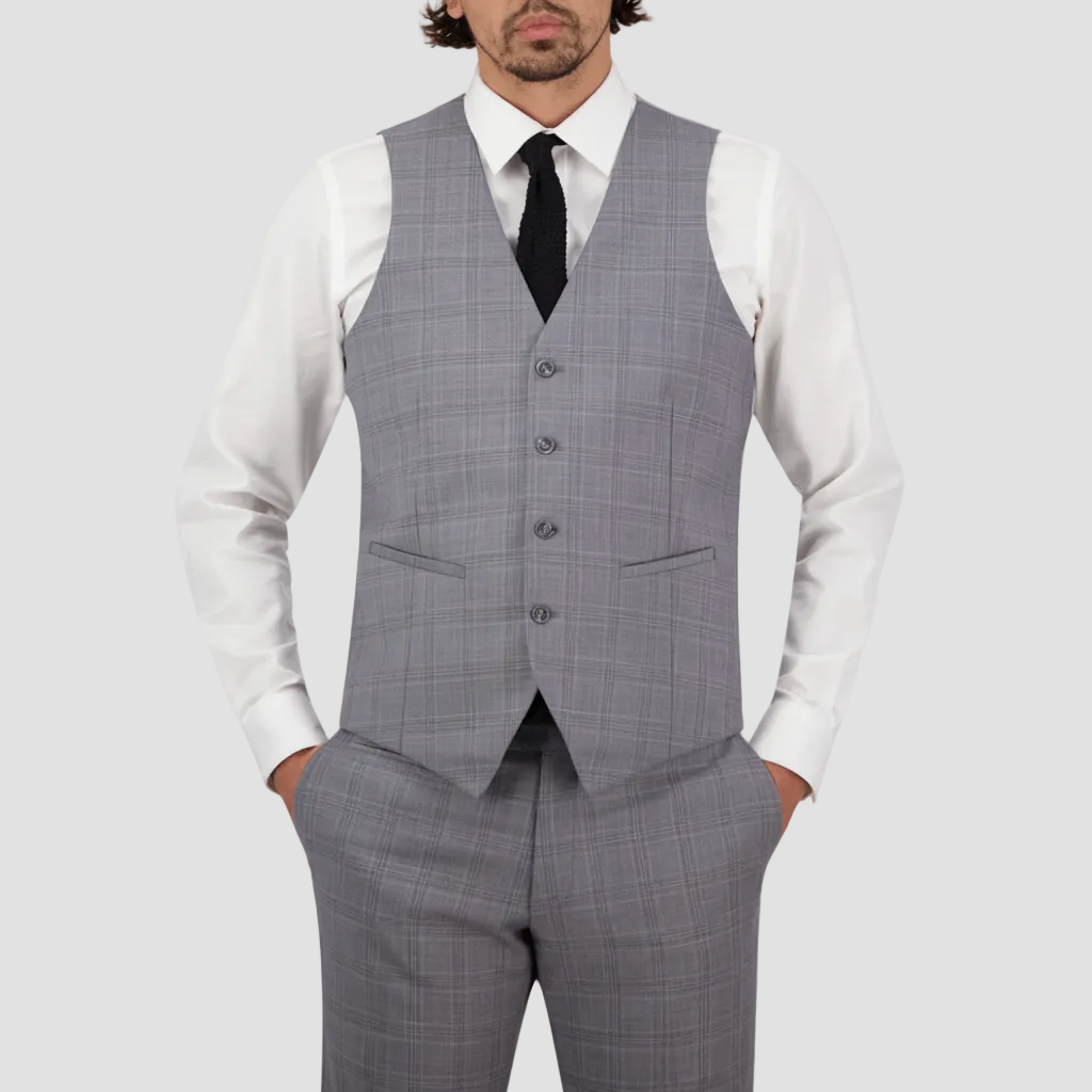 the saul mens suit vest in a silver checked fabric with four button front