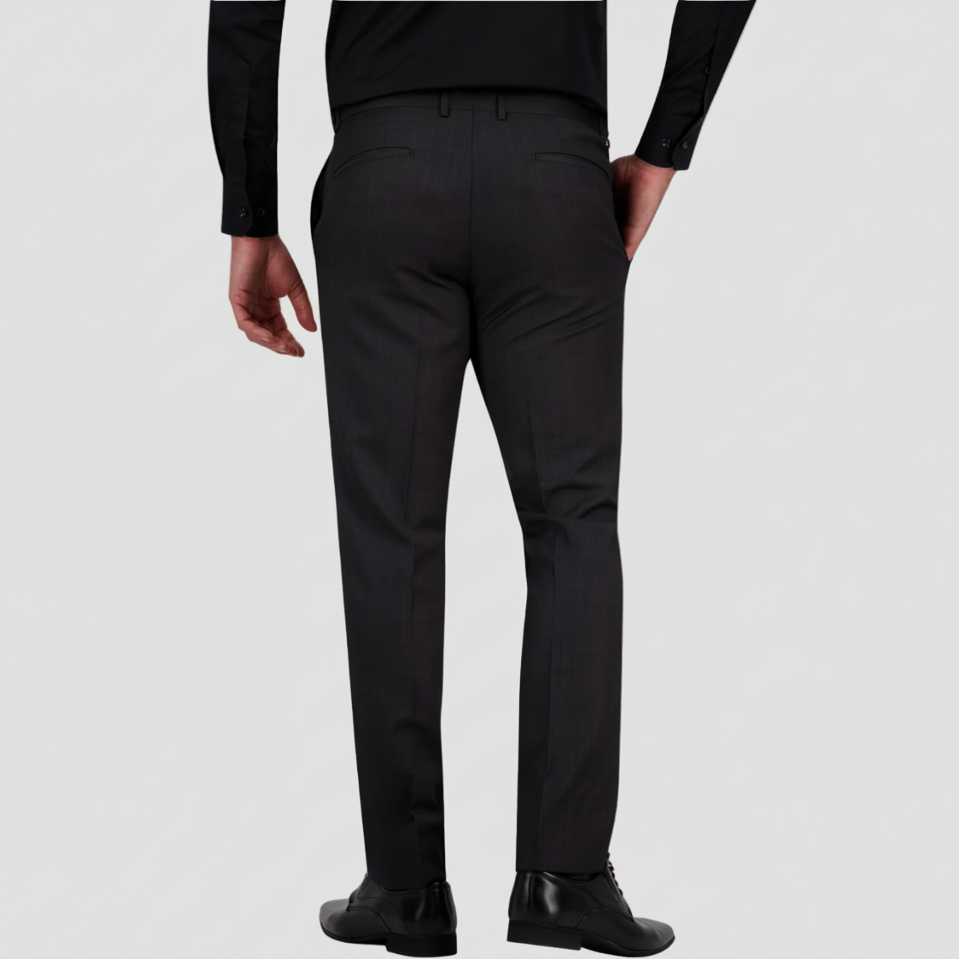 Slim fit charcoal textured Australian merino wool trouser by Savile Row with black leather shoes.