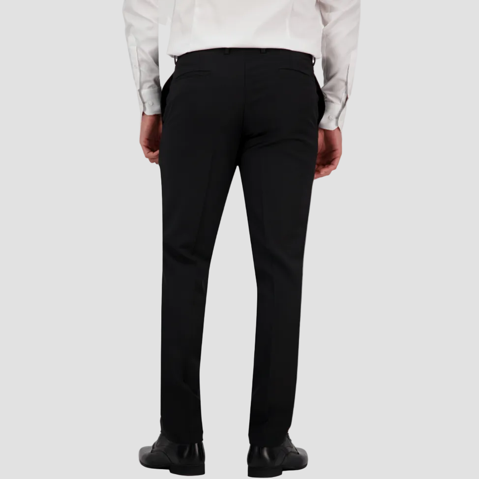Slim fit black travel‑finish wool trouser by Savile Row, cut from Super 110’s Merino for ease and polish.