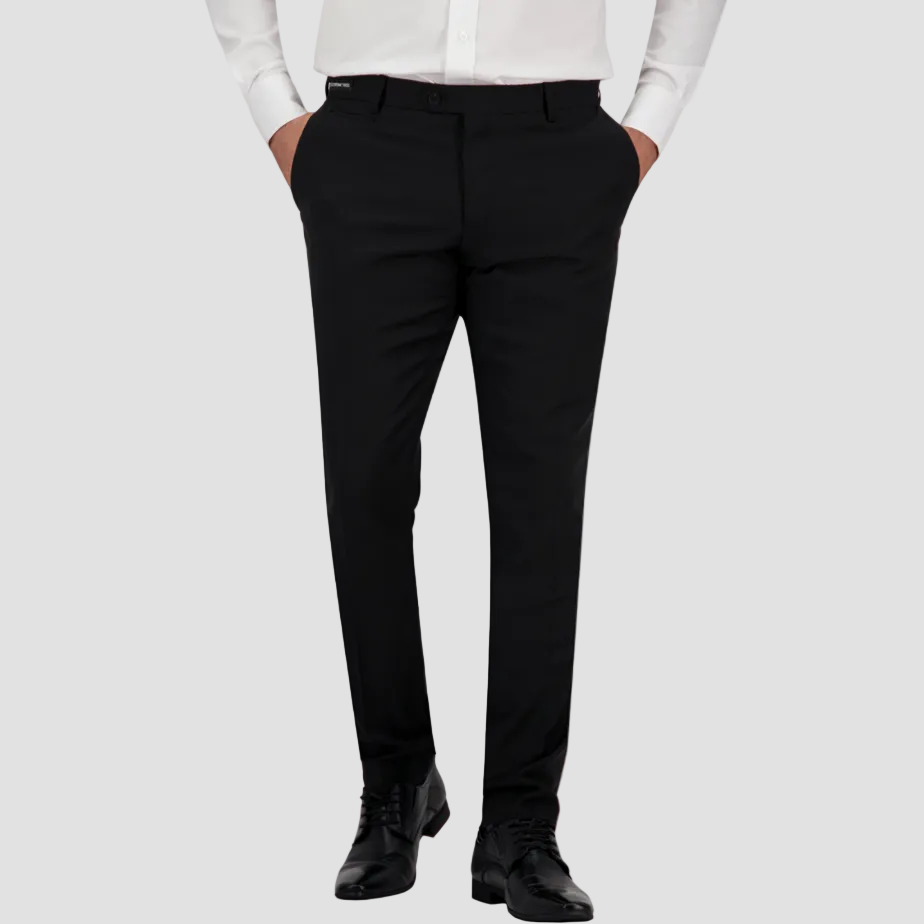 Slim fit black travel‑finish wool trouser by Savile Row, cut from Super 110’s Merino for ease and polish.