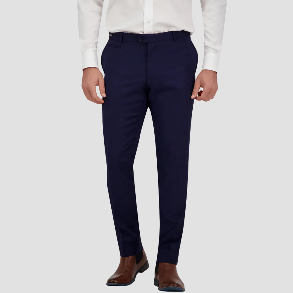 Navy blue dress pants by Savile Row with a white shirt and brown leather shoes.