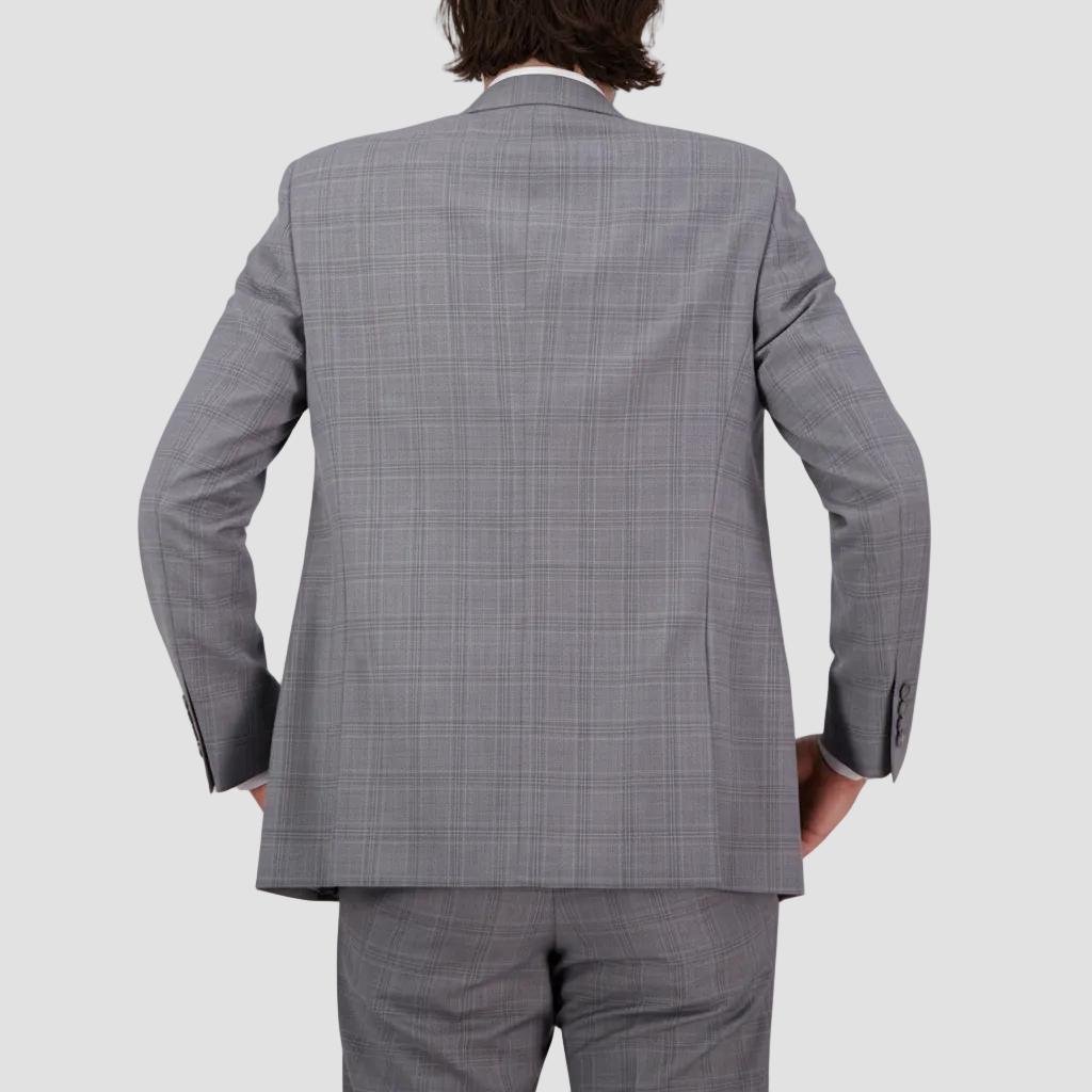 Silver tailored windowpane suit in Super 120s Merino wool by Savile Row.