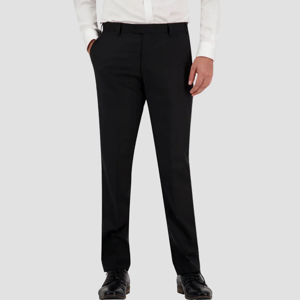 Black travel‑finish wool trouser by Savile Row in a classic fit, tailored from Super 110’s Merino.