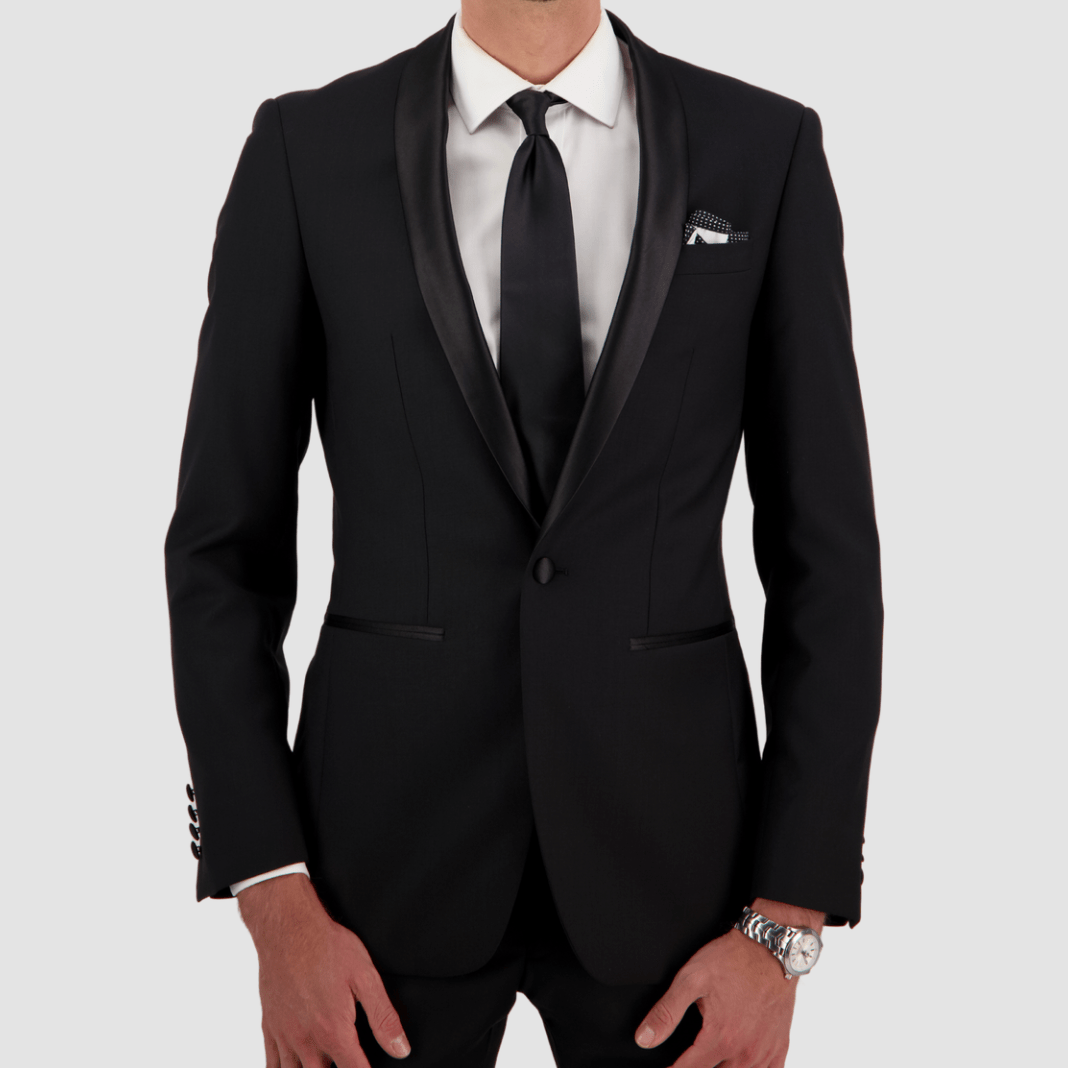 Men's tailored fit black tuxedo jacket with satin lapel and detail by Savile Row.