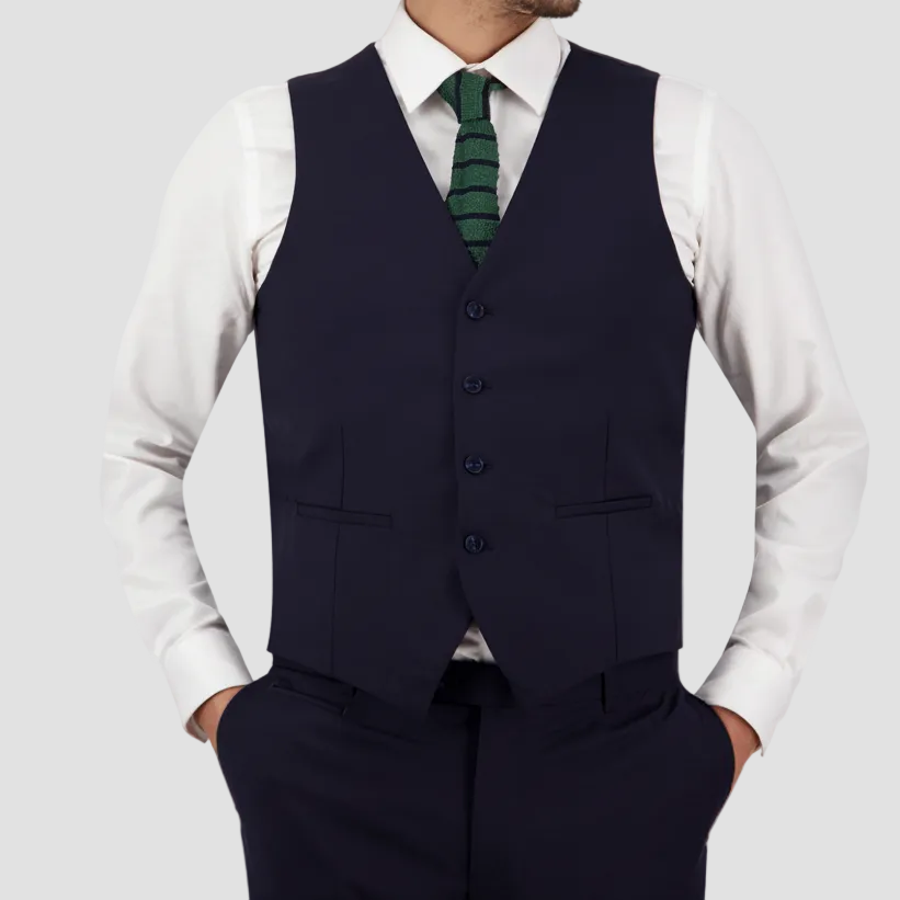 Tailored navy travel‑finish wool vest by Savile Row, cut in Super 110’s Merino with a refined satin back.