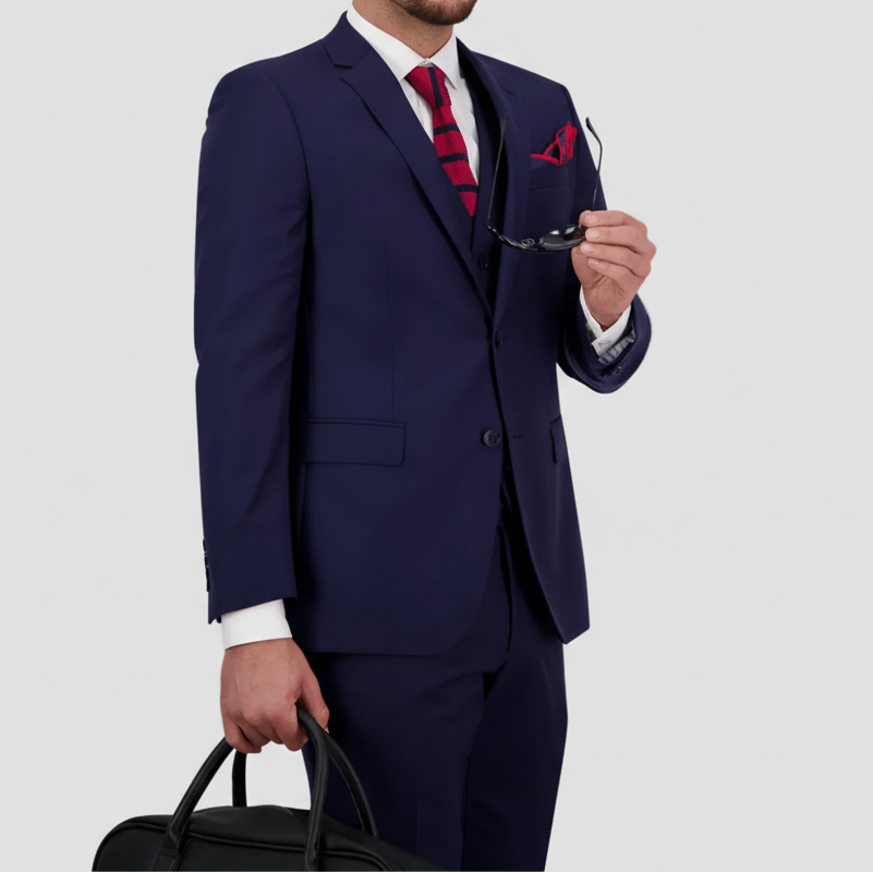 Marine blue Australian merino wool suit with a white shirt, red tie and pocket square.