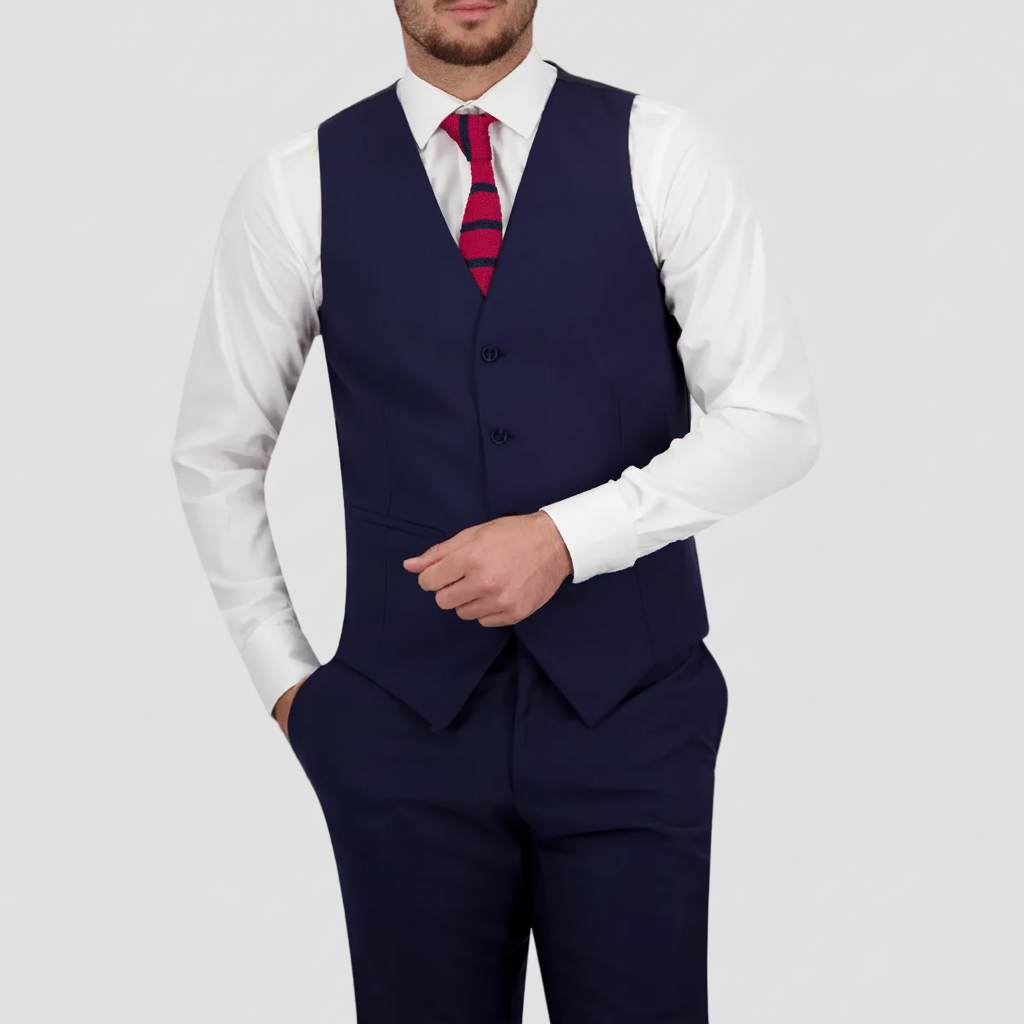 Marine blue vest by Savile Row four button front, with a satin back and adjustable tab.