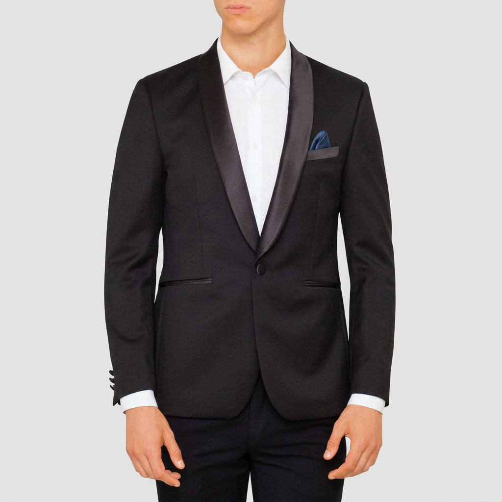 a front view of the ted baker slim fit twilite tuxedo jacket and trouser in black pure wool displaying its satin lapel, satin chest pocket and single button closure