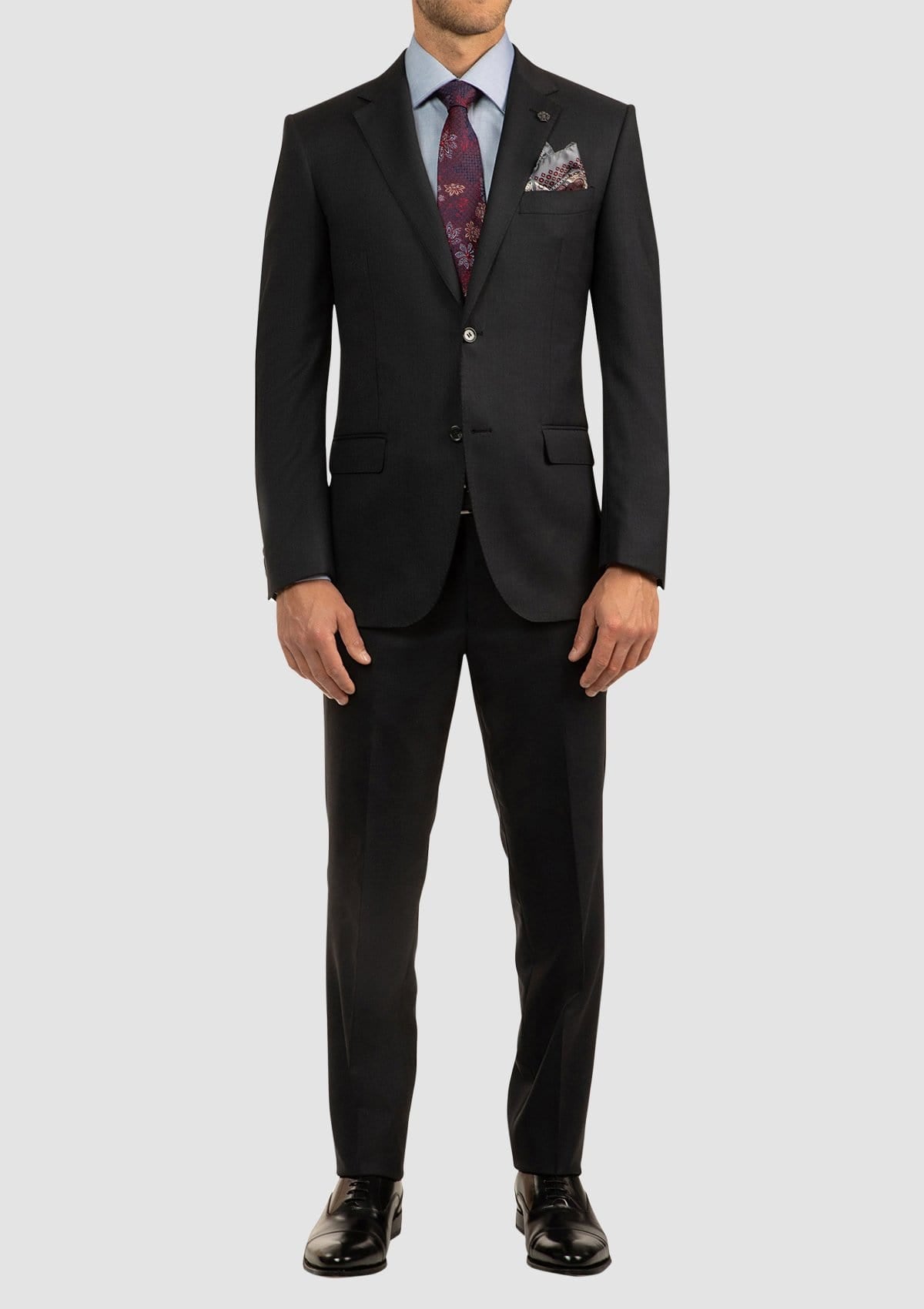 a full length view of the charcoal classic fit morse suit with a classic modern fit