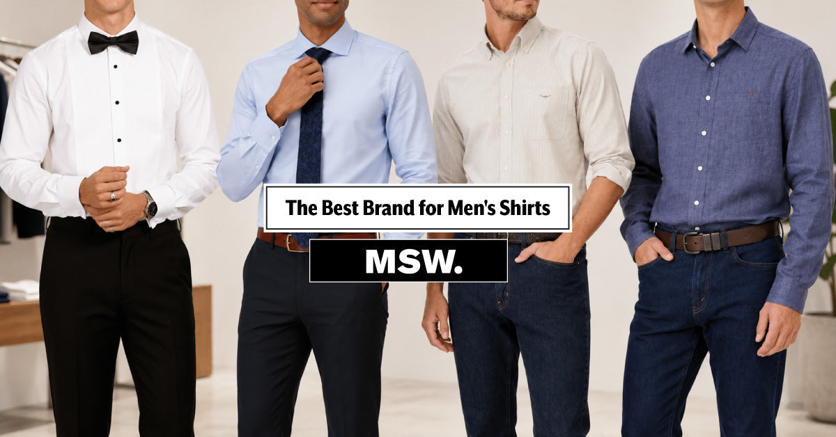 Four men in shirts of different brands