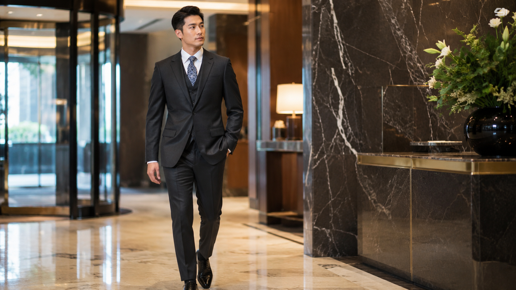 a model wears the boston michel lyon mens suit in a deep navy blue colour