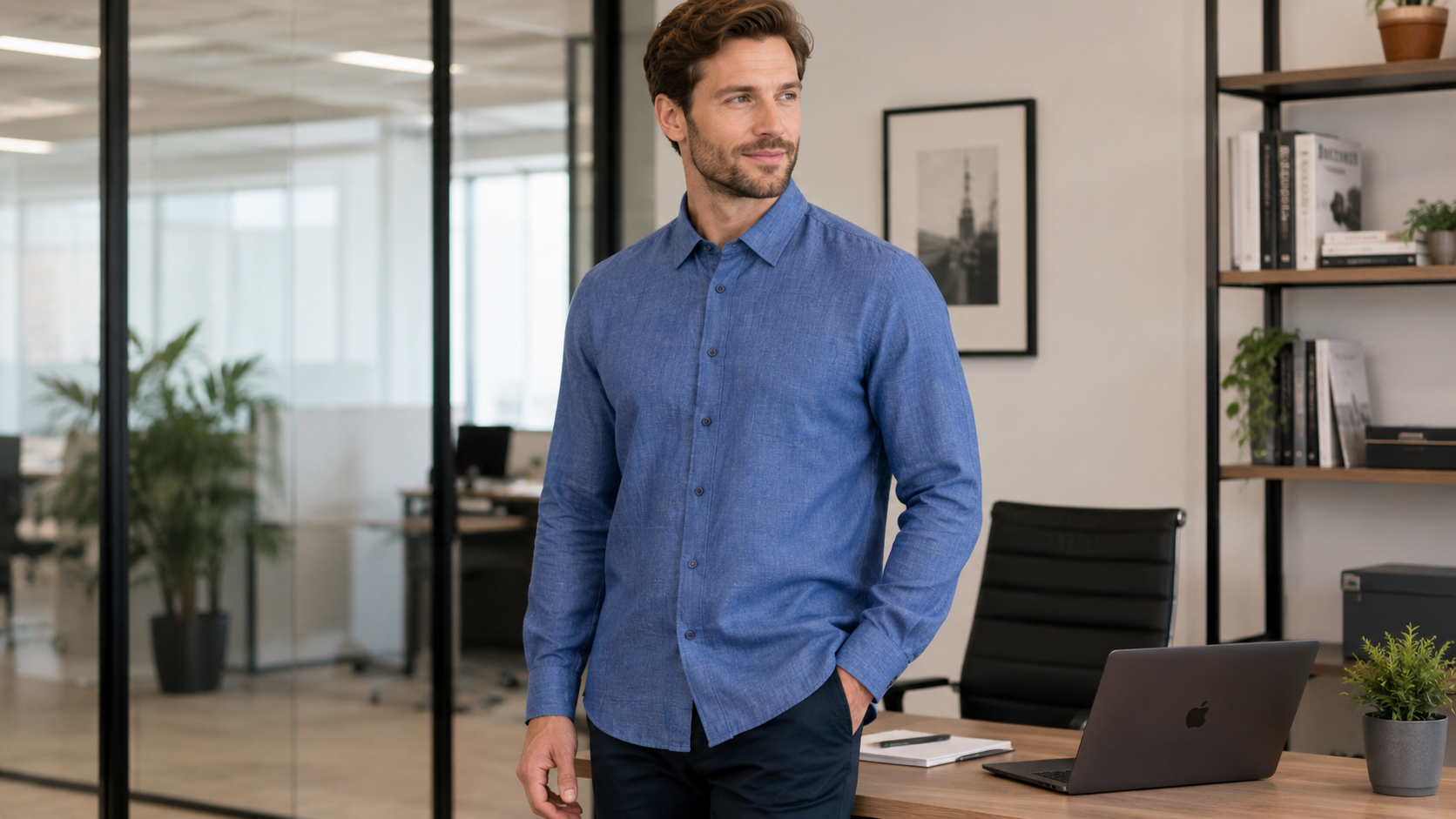 a man wears a resort long sleeve white linen shirt over a tan coloured chino pant