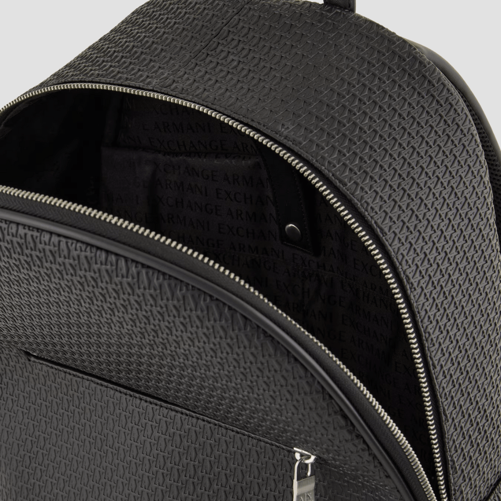 armani leather backpack for men Armani Backpack With All-Over Embossed Logo in Black – Mens Suit Warehouse