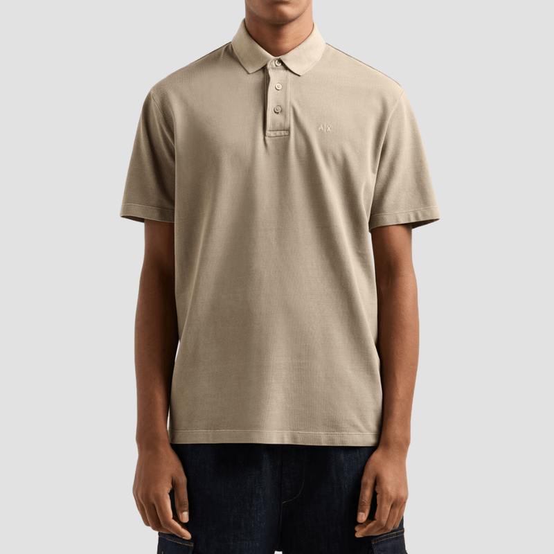 Armani Classic Fit Used Effect Cotton Piquet Polo in Roasted Cashew