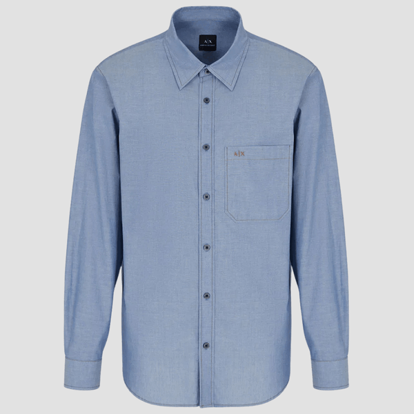 Armani Mens Chambray Blue Shirt with Pocket Logo Detail